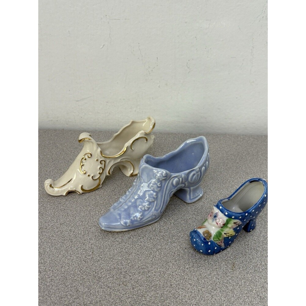 Vintage Porcelain Ivory Shoes, Lot Of 3, Victorian, Modern, Polka Dot, 3” To 5”.